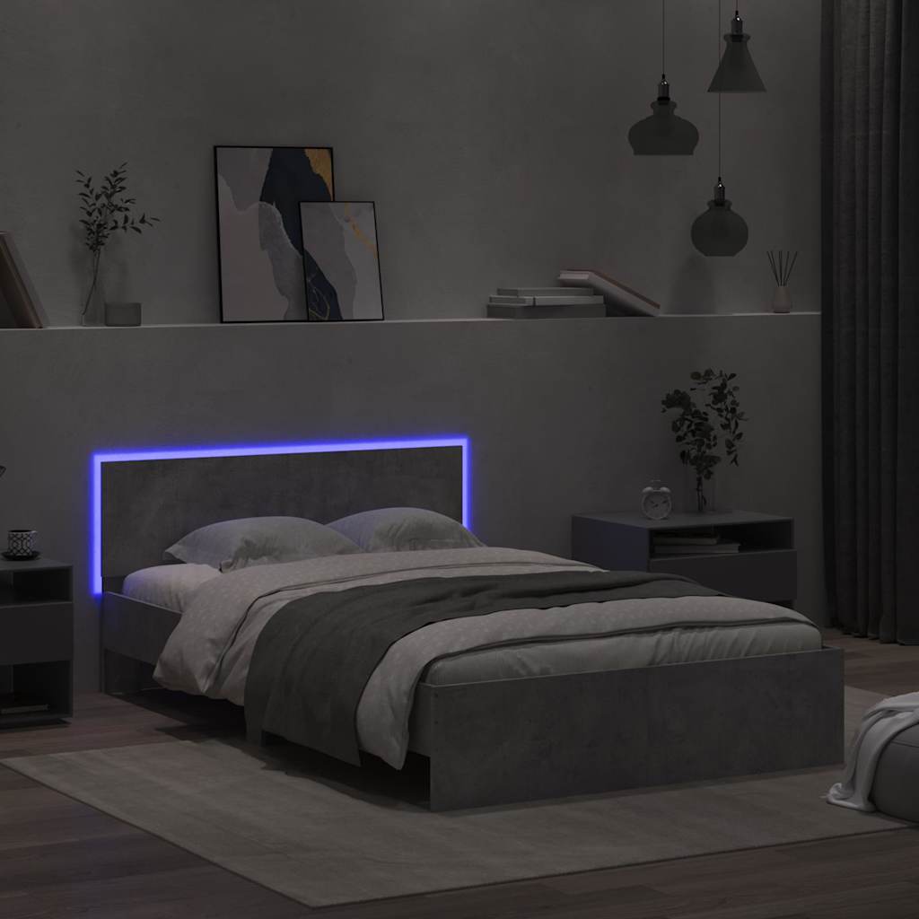 vidaXL Cadru de pat cu tăblie și LED, gri beton, 135x190 cm vidaXL Cadru de pat cu tăblie și LED, gri beton, 135x190 cm