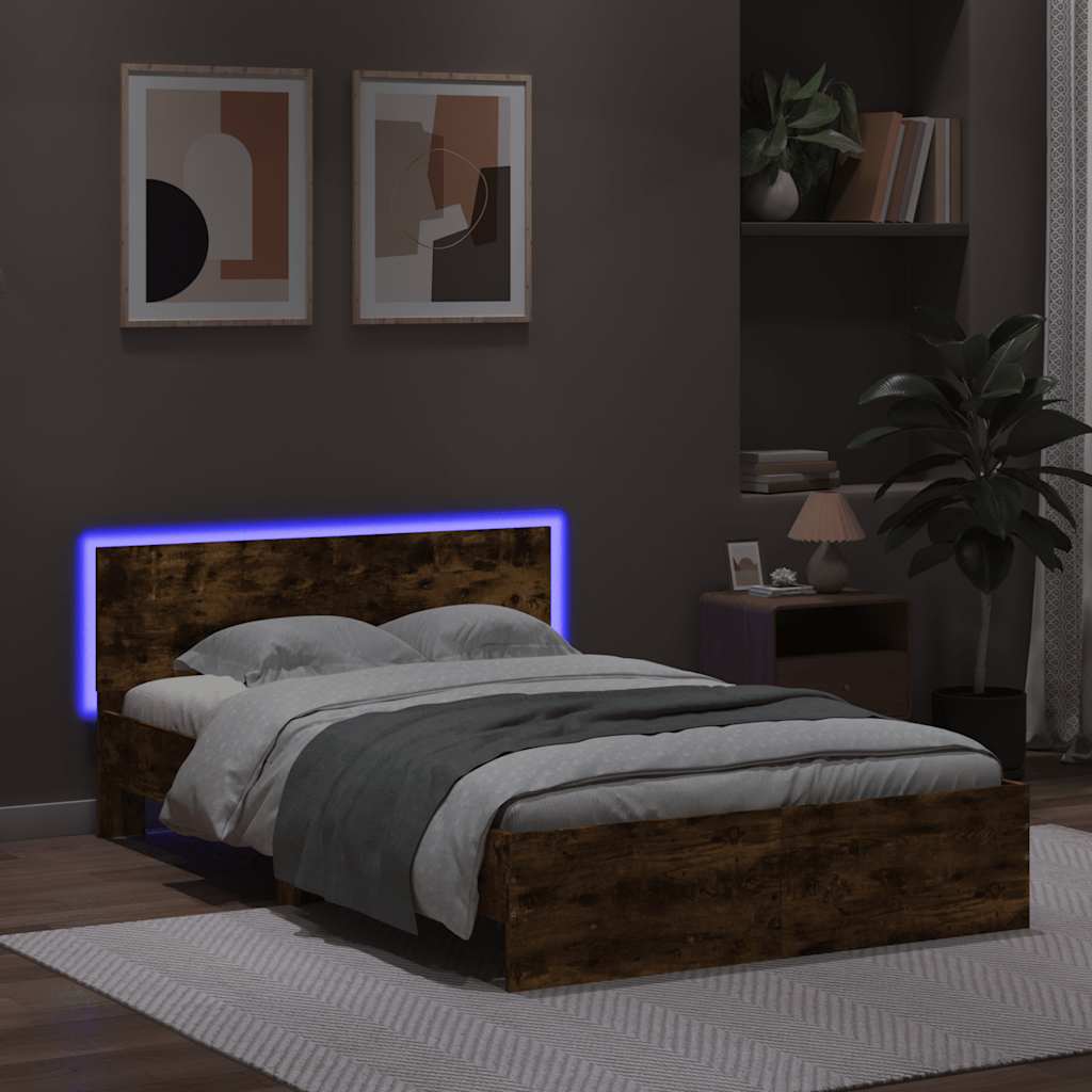 vidaXL Cadru de pat cu tăblie și LED, stejar fumuriu, 135x190 cm vidaXL Cadru de pat cu tăblie și LED, stejar fumuriu, 135x190 cm