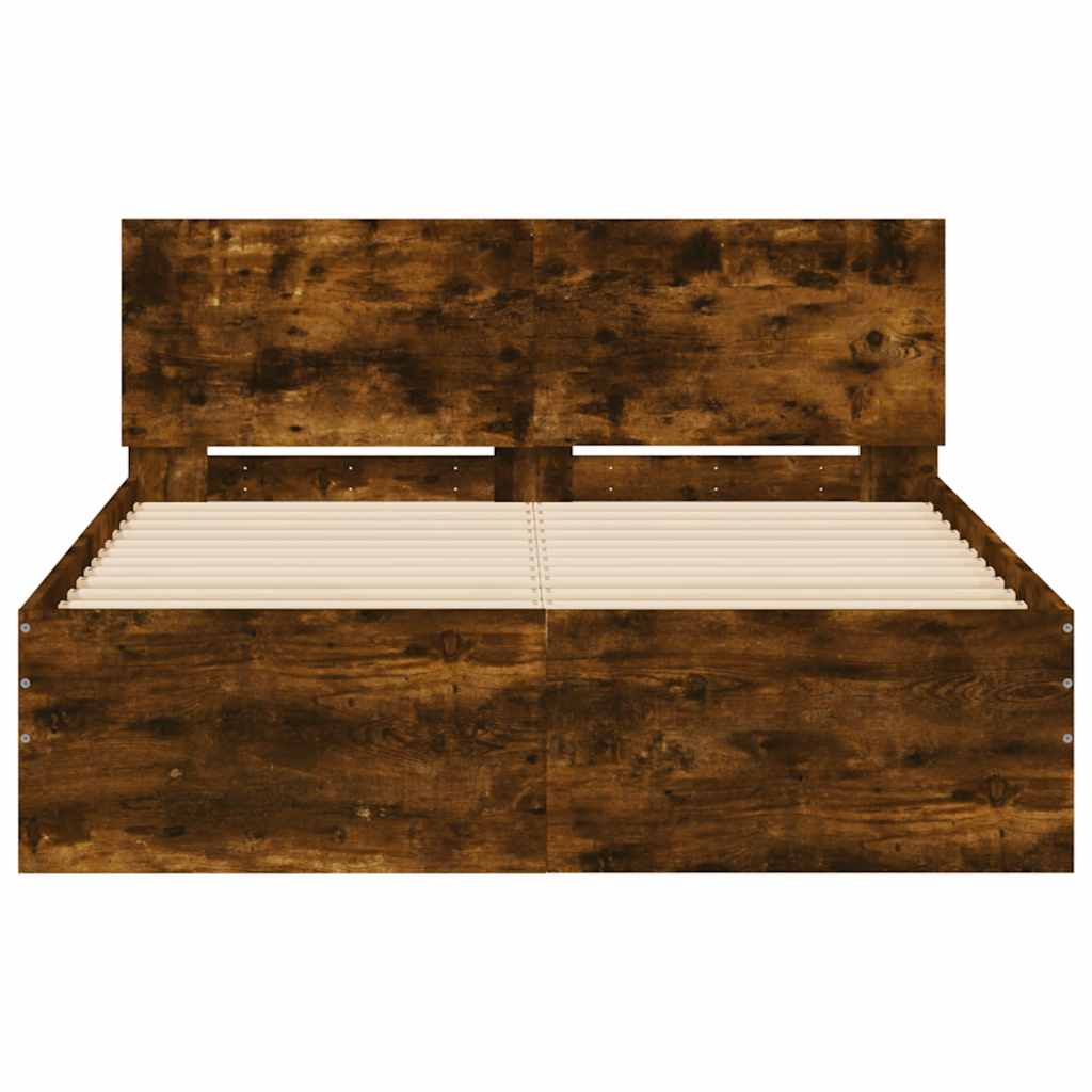 vidaXL Cadru de pat cu tăblie și LED, stejar fumuriu, 135x190 cm vidaXL Cadru de pat cu tăblie și LED, stejar fumuriu, 135x190 cm