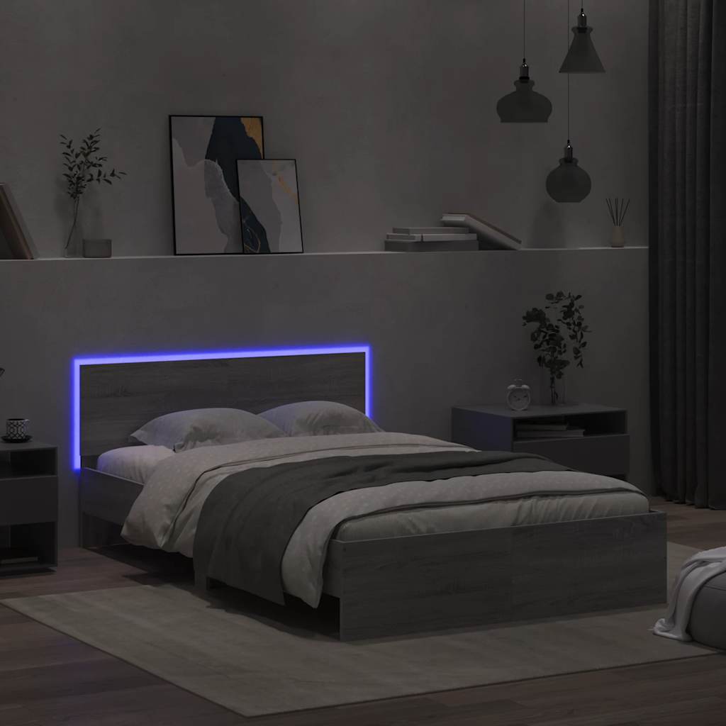 vidaXL Cadru de pat cu tăblie și LED, gri sonoma, 135x190 cm vidaXL Cadru de pat cu tăblie și LED, gri sonoma, 135x190 cm