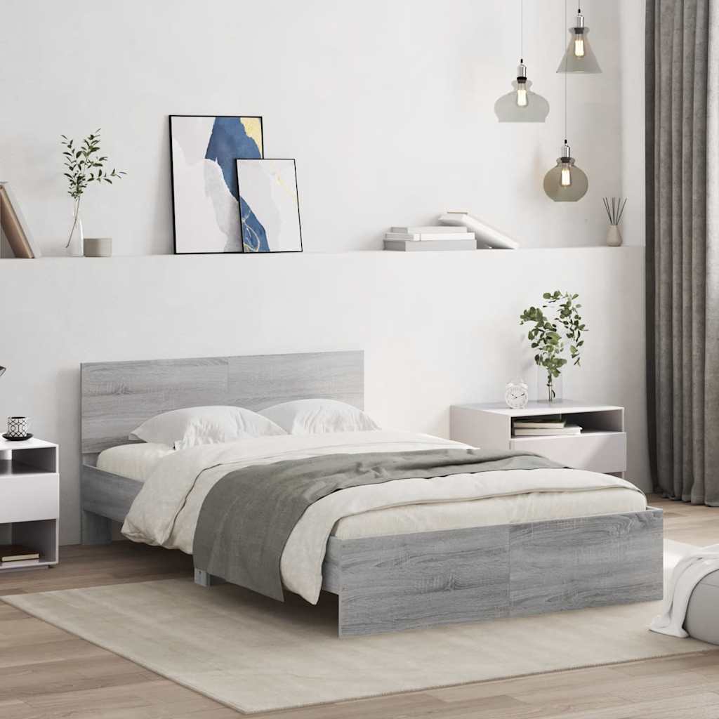 vidaXL Cadru de pat cu tăblie și LED, gri sonoma, 135x190 cm vidaXL Cadru de pat cu tăblie și LED, gri sonoma, 135x190 cm