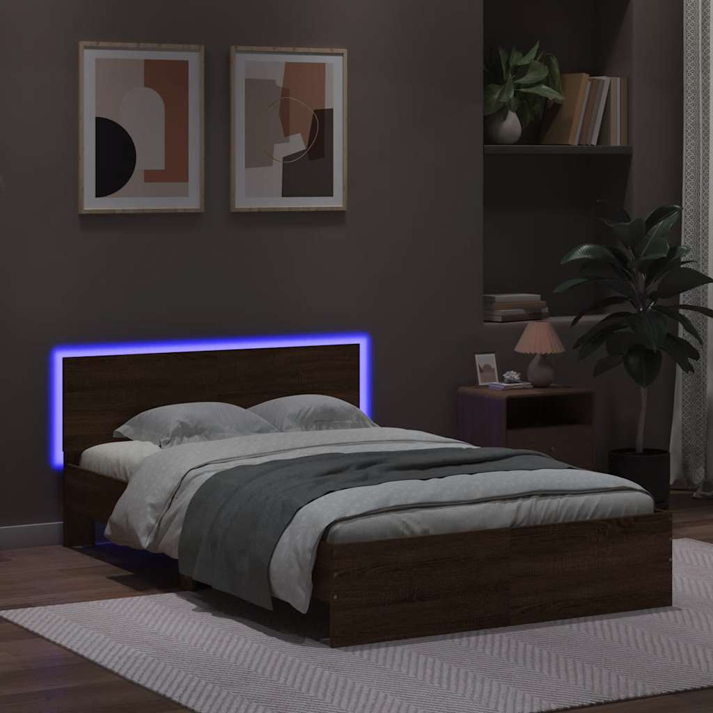 vidaXL Cadru de pat cu tăblie și LED, stejar maro, 135x190 cm vidaXL Cadru de pat cu tăblie și LED, stejar maro, 135x190 cm