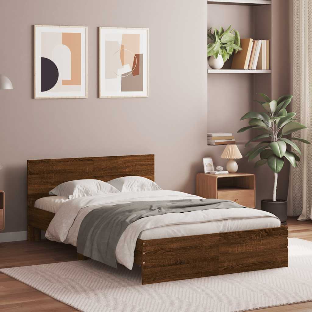 vidaXL Cadru de pat cu tăblie și LED, stejar maro, 135x190 cm vidaXL Cadru de pat cu tăblie și LED, stejar maro, 135x190 cm
