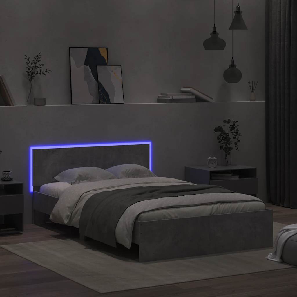 vidaXL Cadru de pat cu tăblie și LED, gri beton, 120x190 cm vidaXL Cadru de pat cu tăblie și LED, gri beton, 120x190 cm