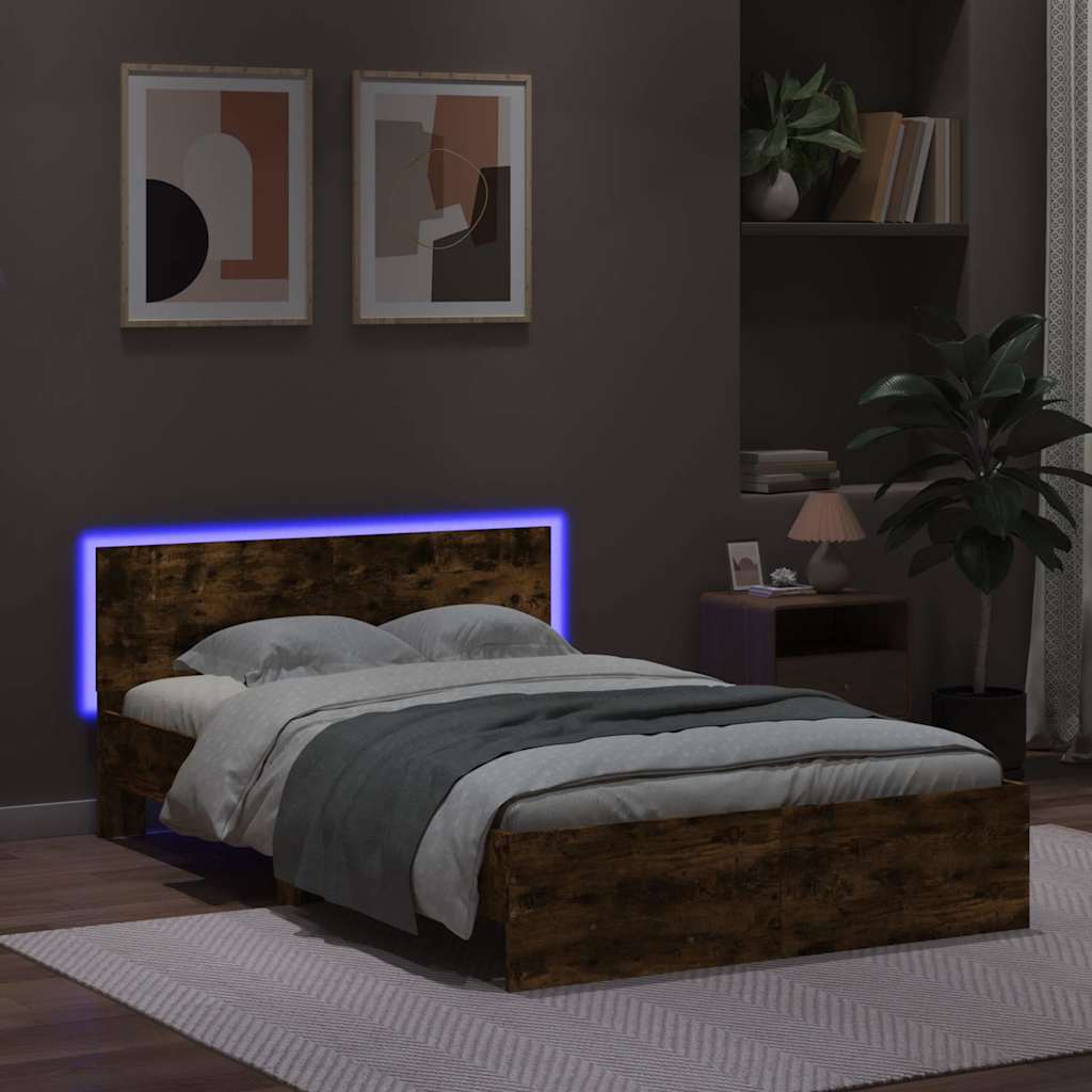 vidaXL Cadru de pat cu tăblie și LED, stejar fumuriu, 120x190 cm vidaXL Cadru de pat cu tăblie și LED, stejar fumuriu, 120x190 cm