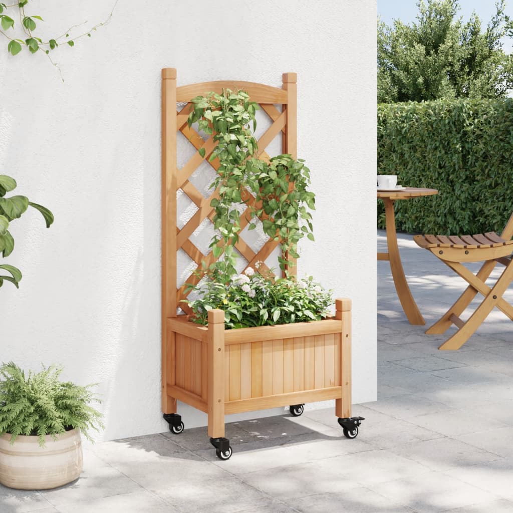 vidaXL Jardinieră cu spalier și roți, maro, lemn masiv de brad vidaXL Jardinieră cu spalier și roți, maro, lemn masiv de brad