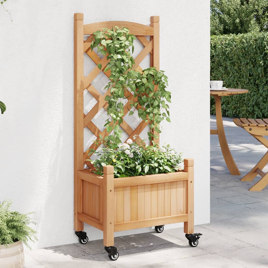 vidaXL Jardinieră cu spalier și roți, maro, lemn masiv de brad vidaXL Jardinieră cu spalier și roți, maro, lemn masiv de brad