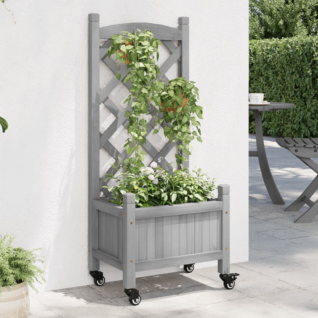 vidaXL Jardinieră cu spalier și roți, gri, lemn masiv de brad vidaXL Jardinieră cu spalier și roți, gri, lemn masiv de brad