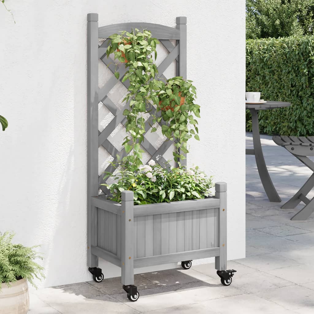 vidaXL Jardinieră cu spalier și roți, gri, lemn masiv de brad vidaXL Jardinieră cu spalier și roți, gri, lemn masiv de brad