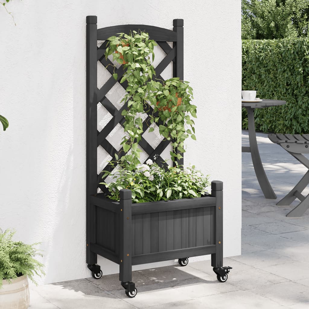 vidaXL Jardinieră cu spalier și roți, negru, lemn masiv de brad vidaXL Jardinieră cu spalier și roți, negru, lemn masiv de brad