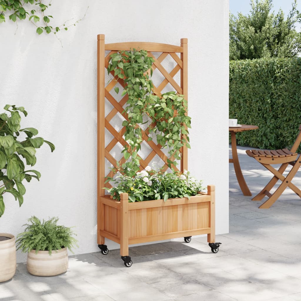 vidaXL Jardinieră cu spalier și roți, maro, lemn masiv de brad vidaXL Jardinieră cu spalier și roți, maro, lemn masiv de brad