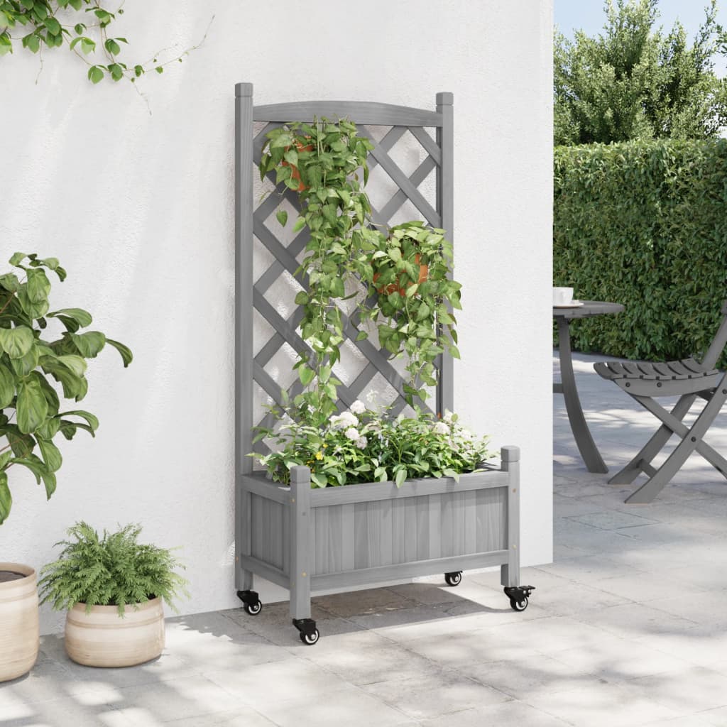 vidaXL Jardinieră cu spalier și roți, gri, lemn masiv de brad vidaXL Jardinieră cu spalier și roți, gri, lemn masiv de brad