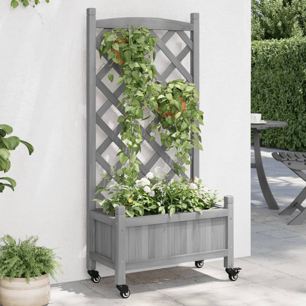 vidaXL Jardinieră cu spalier și roți, gri, lemn masiv de brad vidaXL Jardinieră cu spalier și roți, gri, lemn masiv de brad