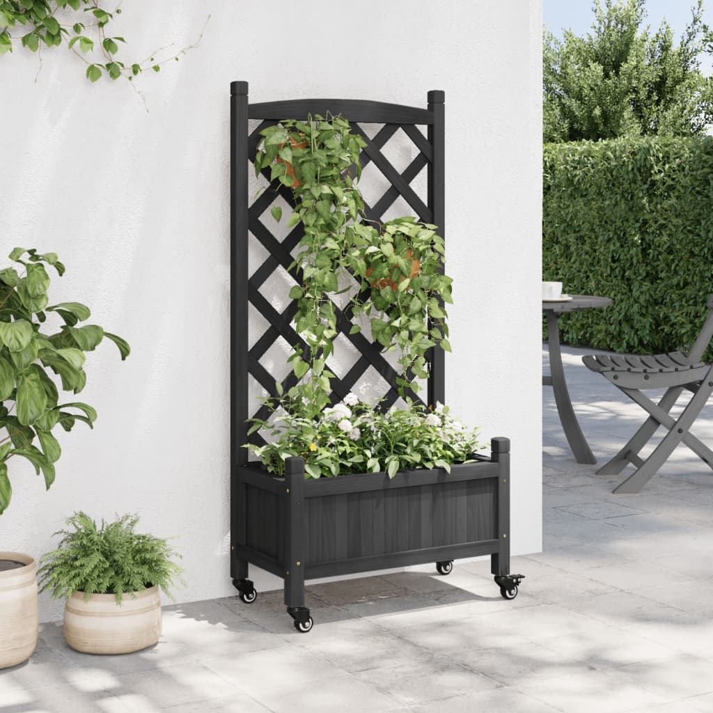 vidaXL Jardinieră cu spalier și roți, negru, lemn masiv de brad vidaXL Jardinieră cu spalier și roți, negru, lemn masiv de brad