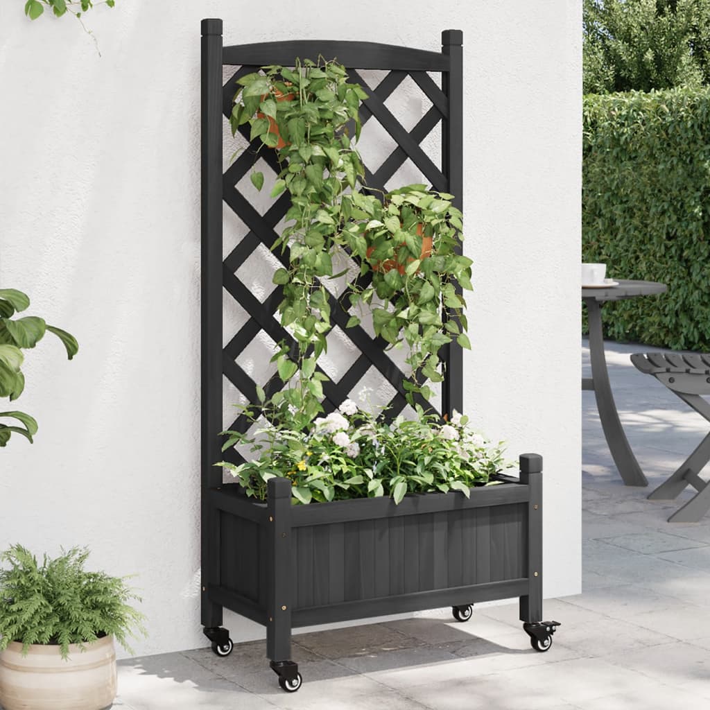vidaXL Jardinieră cu spalier și roți, negru, lemn masiv de brad vidaXL Jardinieră cu spalier și roți, negru, lemn masiv de brad