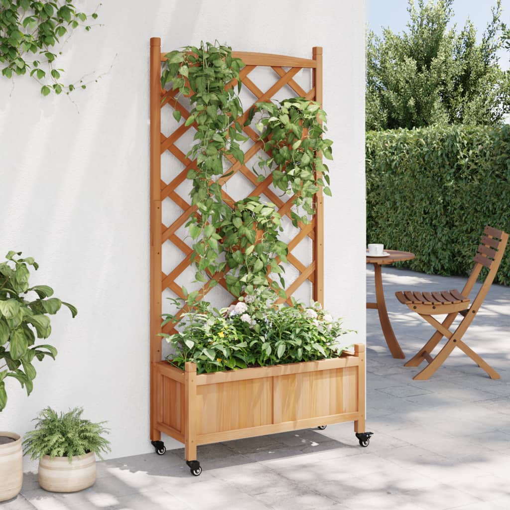 vidaXL Jardinieră cu spalier și roți, maro, lemn masiv de brad vidaXL Jardinieră cu spalier și roți, maro, lemn masiv de brad