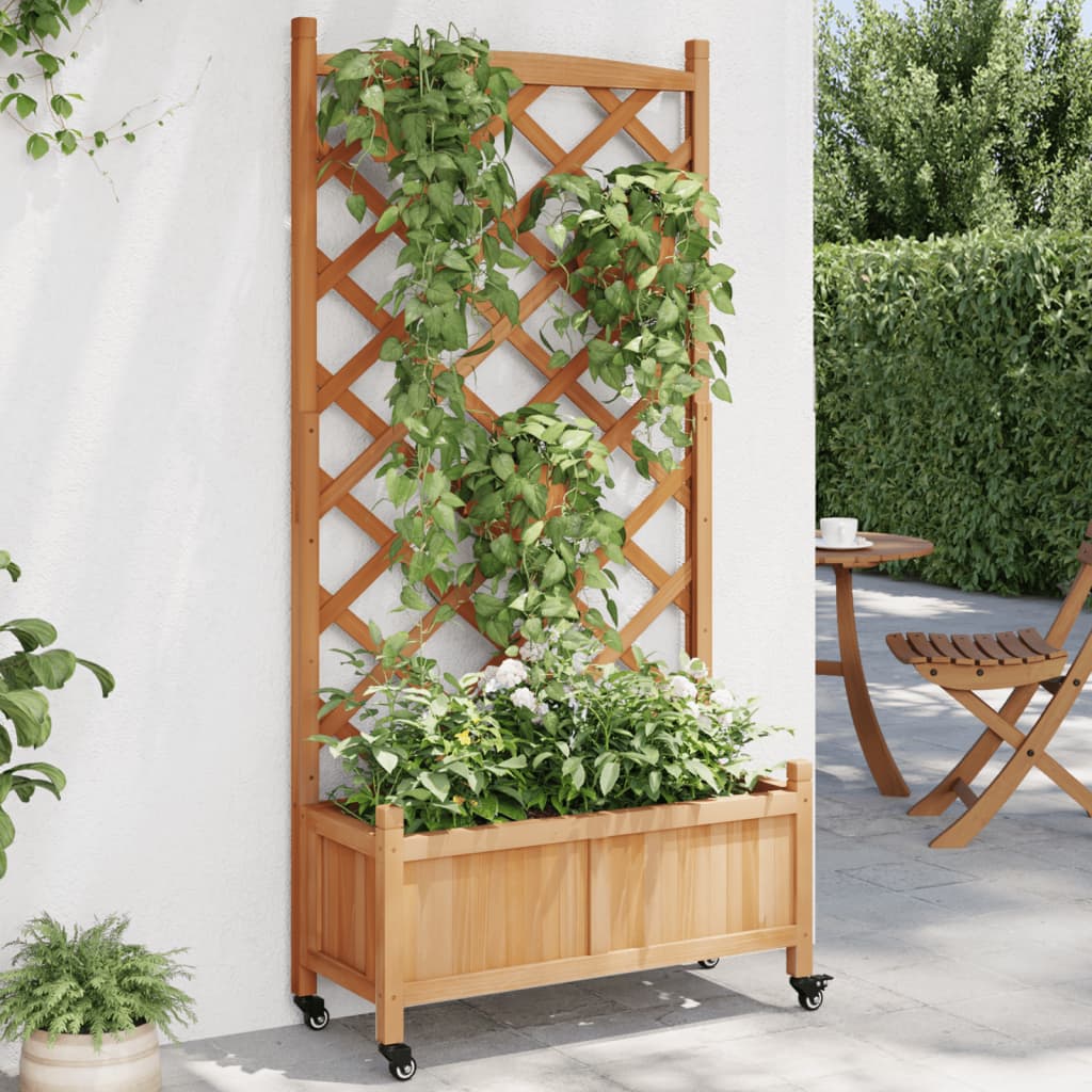 vidaXL Jardinieră cu spalier și roți, maro, lemn masiv de brad vidaXL Jardinieră cu spalier și roți, maro, lemn masiv de brad