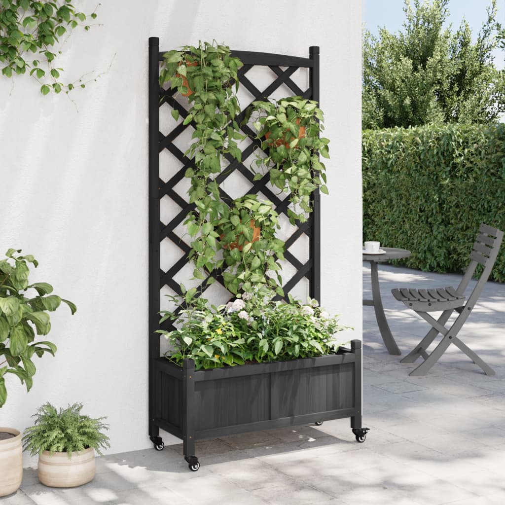 vidaXL Jardinieră cu spalier și roți, negru, lemn masiv de brad