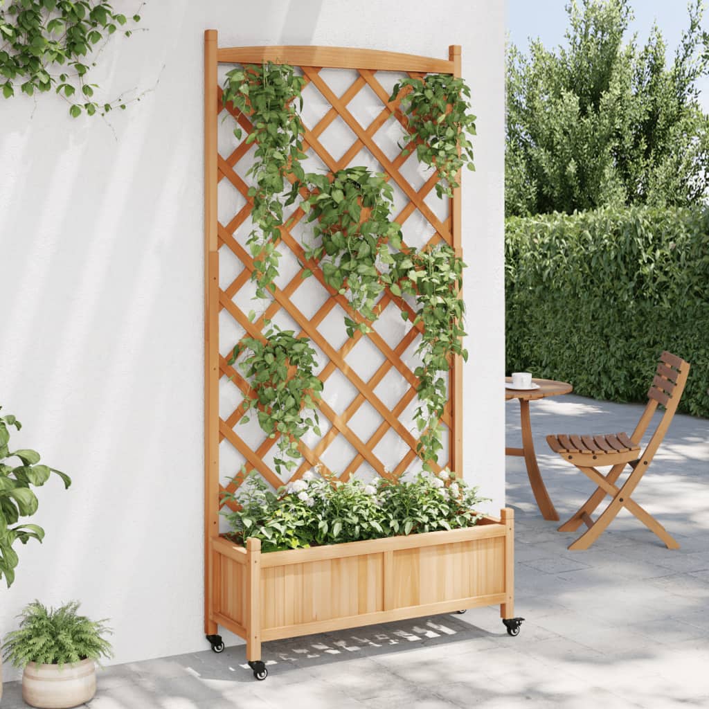 vidaXL Jardinieră cu spalier și roți, maro, lemn masiv de brad vidaXL Jardinieră cu spalier și roți, maro, lemn masiv de brad