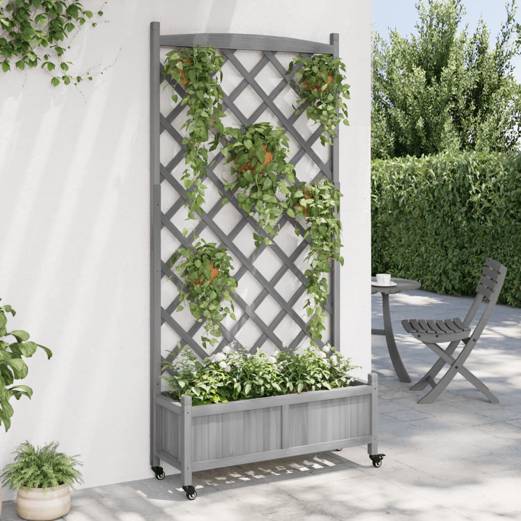 vidaXL Jardinieră cu spalier și roți, gri, lemn masiv de brad vidaXL Jardinieră cu spalier și roți, gri, lemn masiv de brad