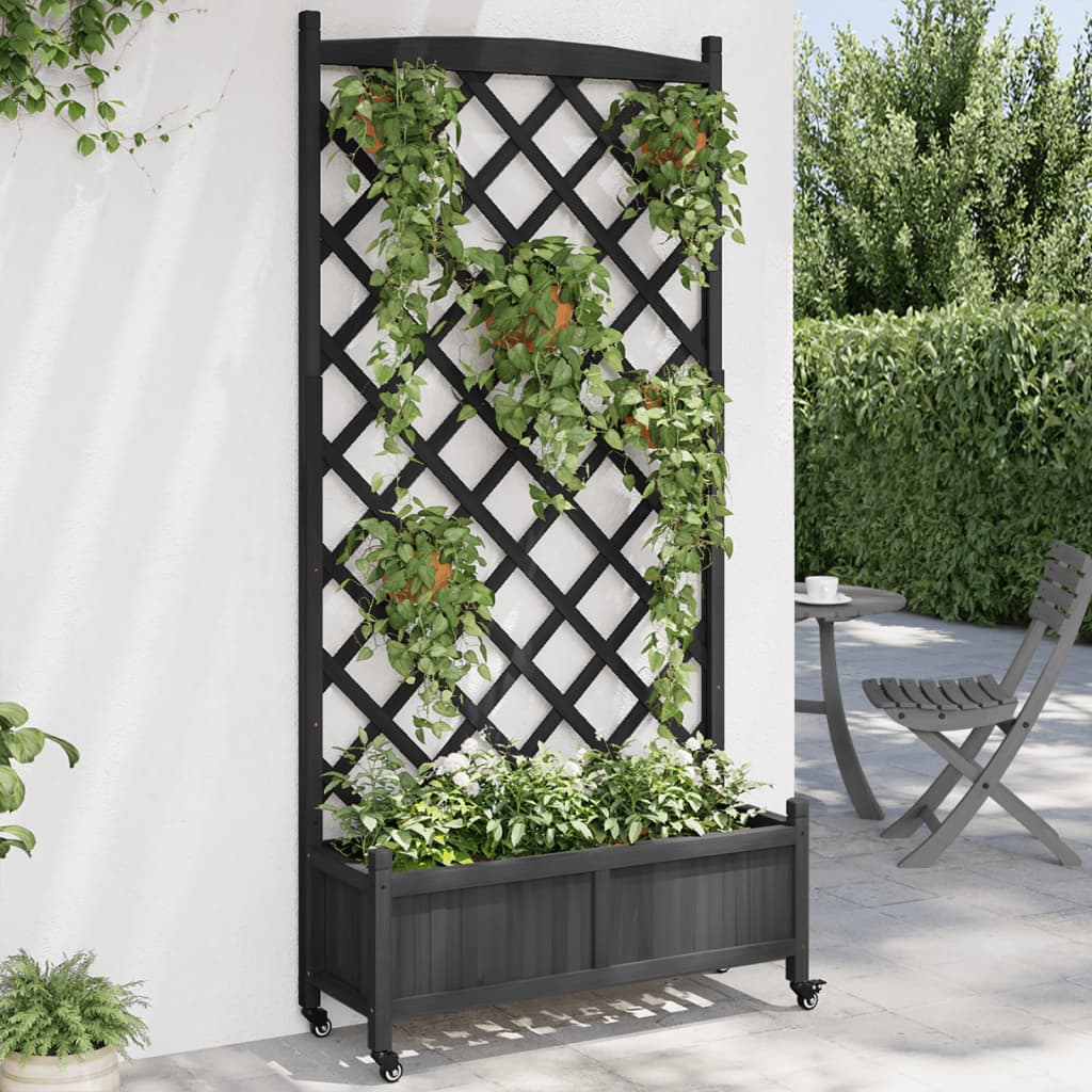 vidaXL Jardinieră cu spalier și roți, negru, lemn masiv de brad vidaXL Jardinieră cu spalier și roți, negru, lemn masiv de brad