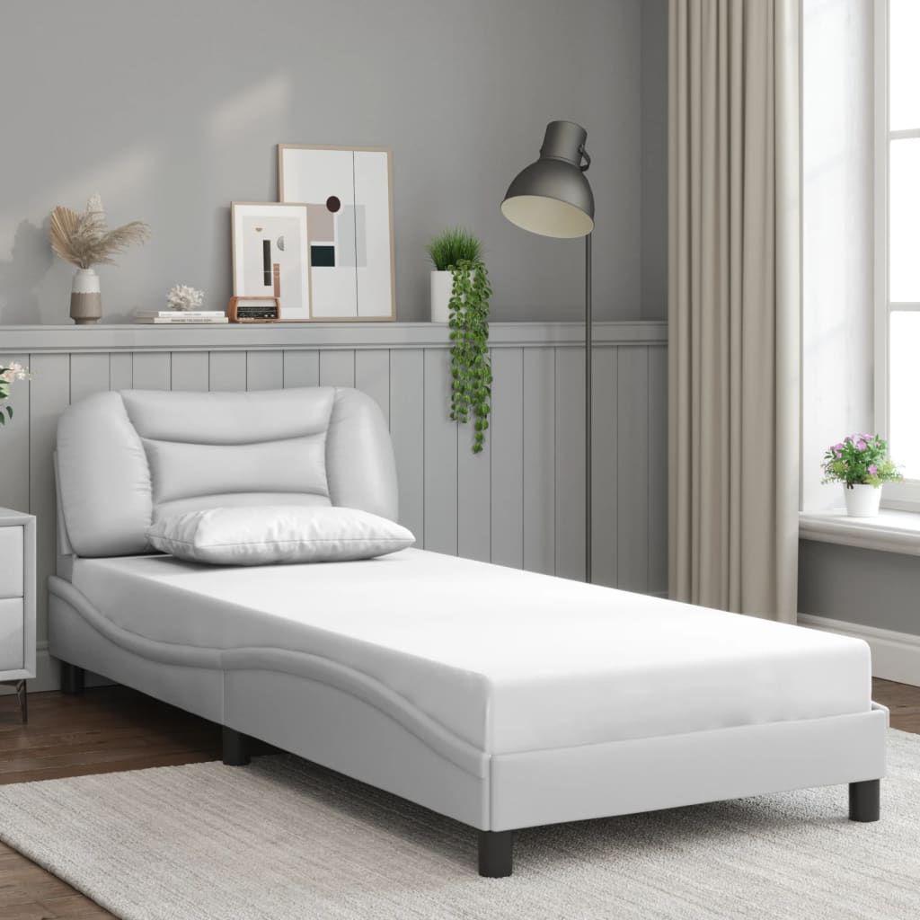 vidaXL Cadru de pat cu tăblie, alb, 90x190 cm, piele ecologică vidaXL Cadru de pat cu tăblie, alb, 90x190 cm, piele ecologică