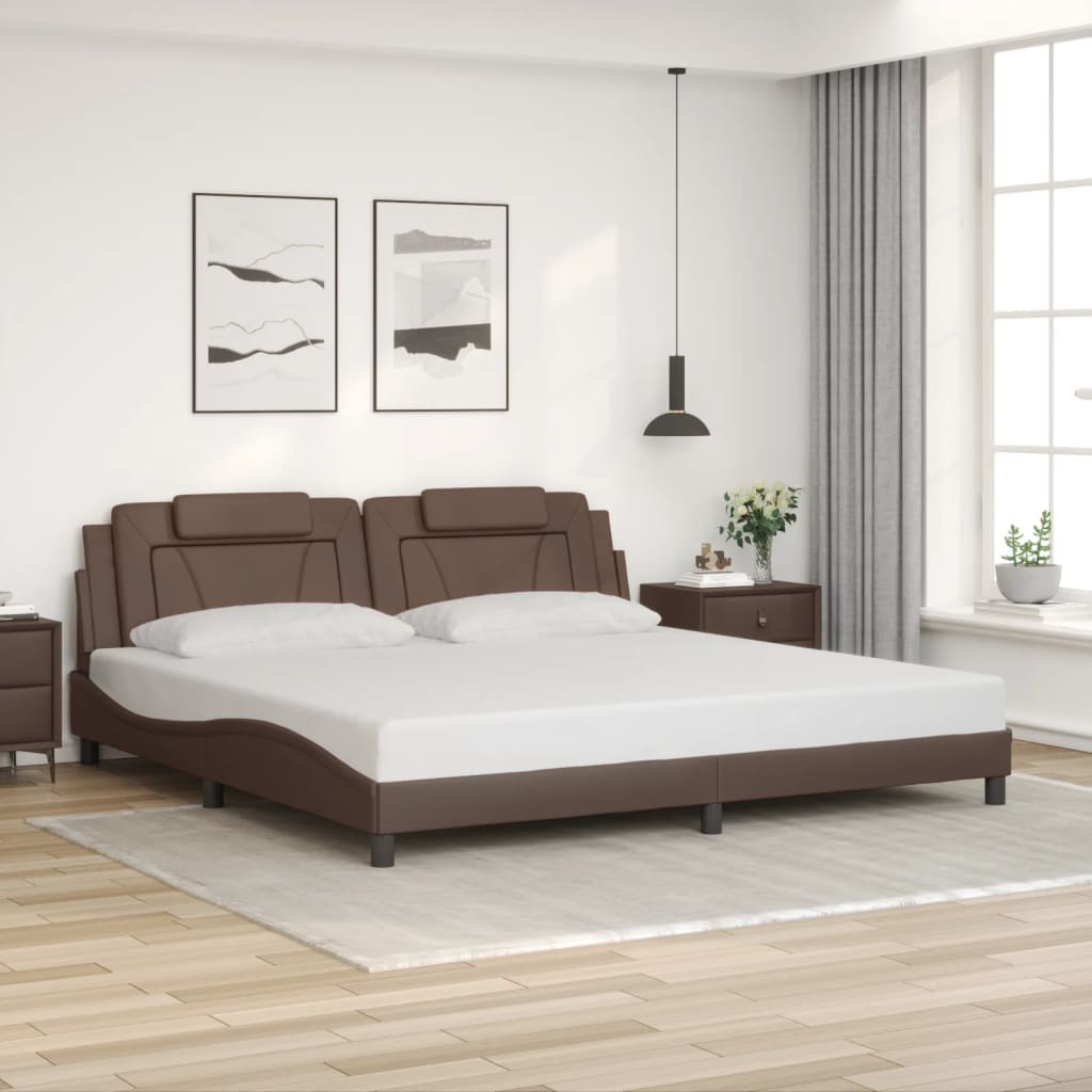 vidaXL Cadru de pat cu tăblie, maro, 200x200 cm, piele ecologică vidaXL Cadru de pat cu tăblie, maro, 200x200 cm, piele ecologică