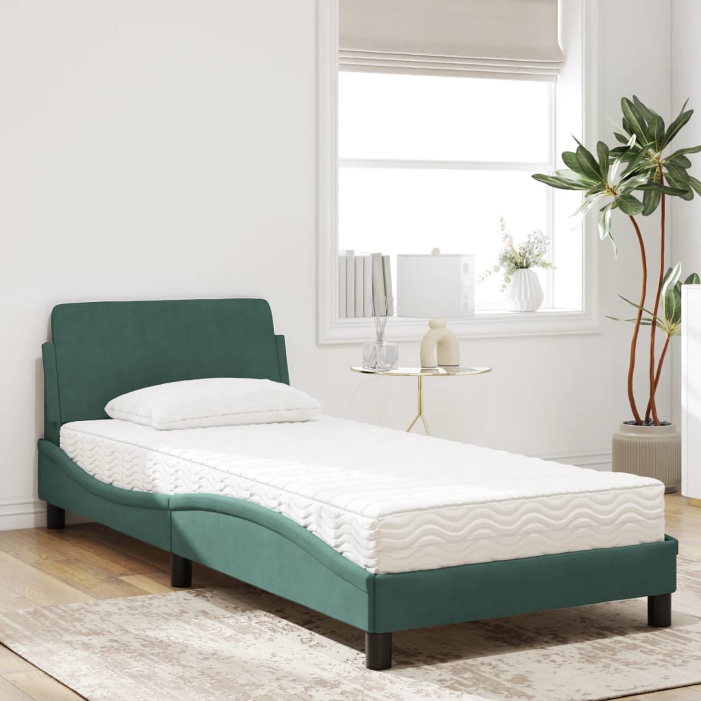 vidaXL Pat cu saltea, verde închis, 90x190 cm, catifea