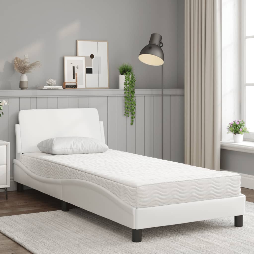 vidaXL Pat cu saltea, alb, 90x190 cm, piele ecologică
