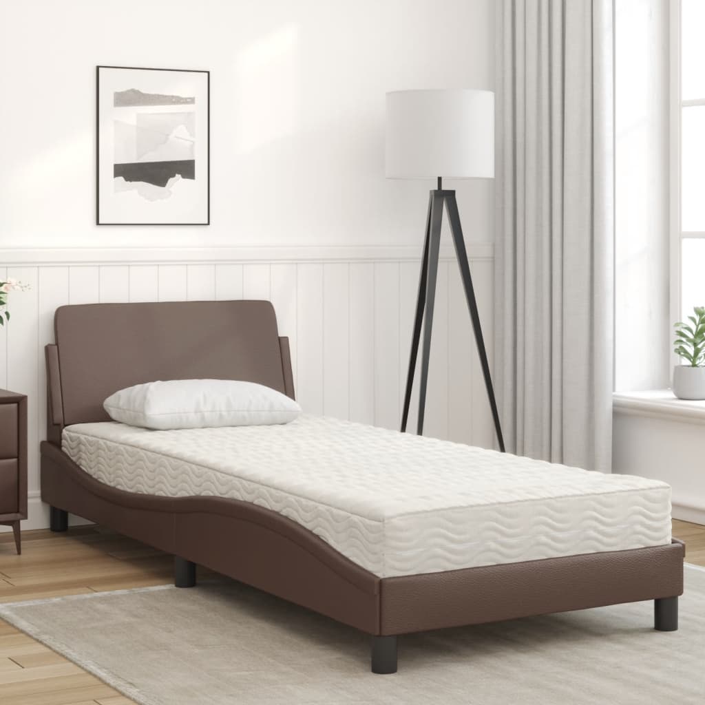 vidaXL Pat cu saltea, maro, 90x190 cm, piele ecologică