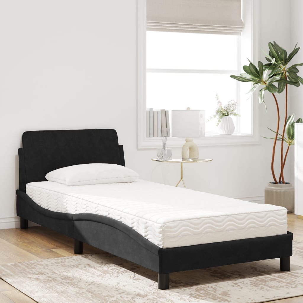 vidaXL Pat cu saltea, negru, 90x200 cm, catifea