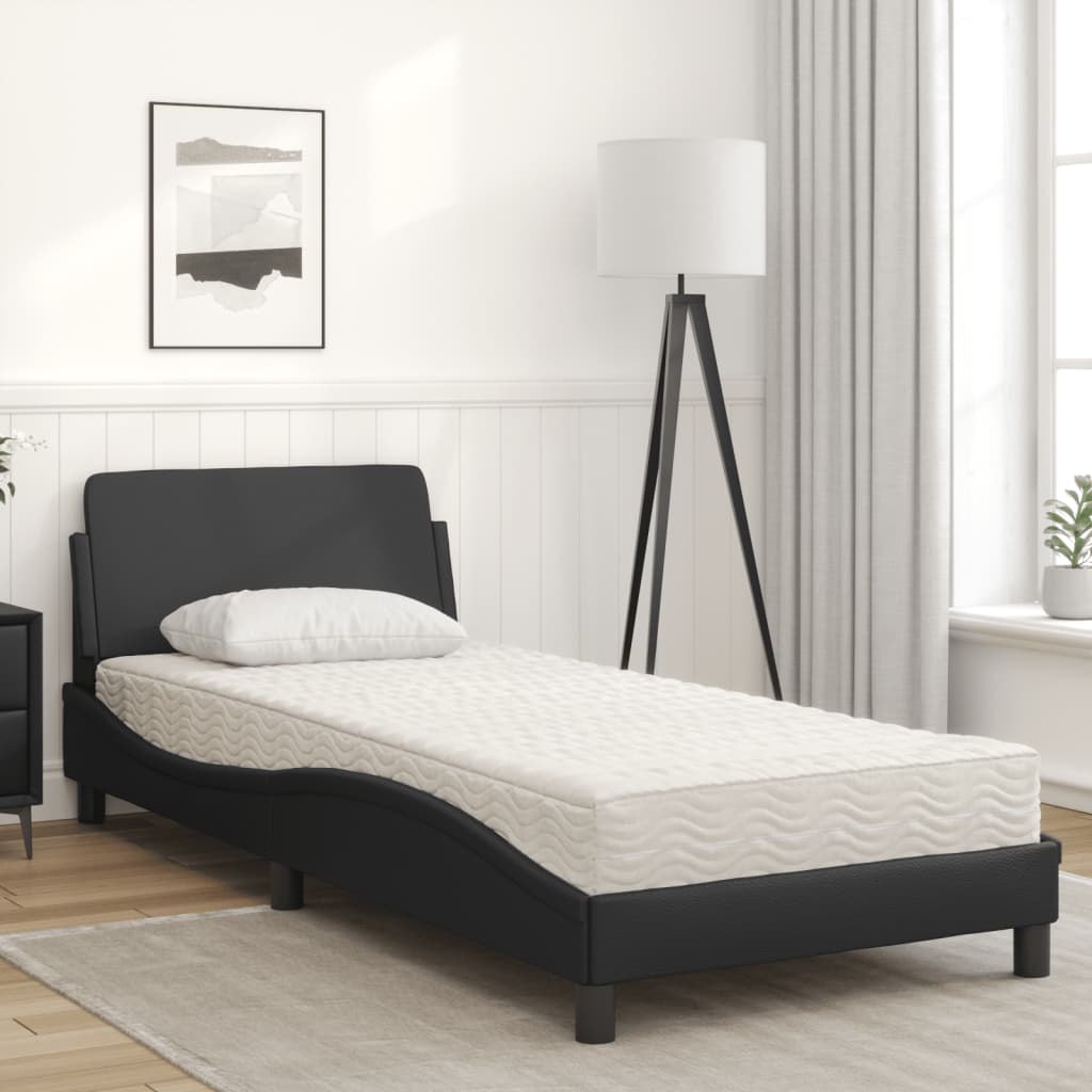 vidaXL Pat cu saltea, negru, 90x200 cm, piele ecologică