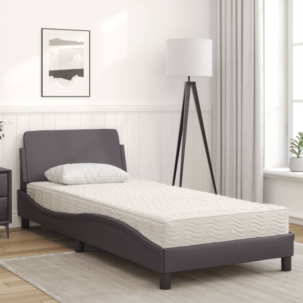 vidaXL Pat cu saltea, gri, 90x200 cm, piele ecologică vidaXL Pat cu saltea, gri, 90x200 cm, piele ecologică