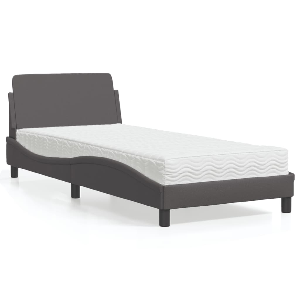 vidaXL Pat cu saltea, gri, 90x200 cm, piele ecologică vidaXL Pat cu saltea, gri, 90x200 cm, piele ecologică