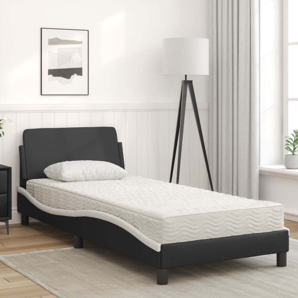 vidaXL Pat cu saltea, negru și alb, 90x200 cm, piele ecologică