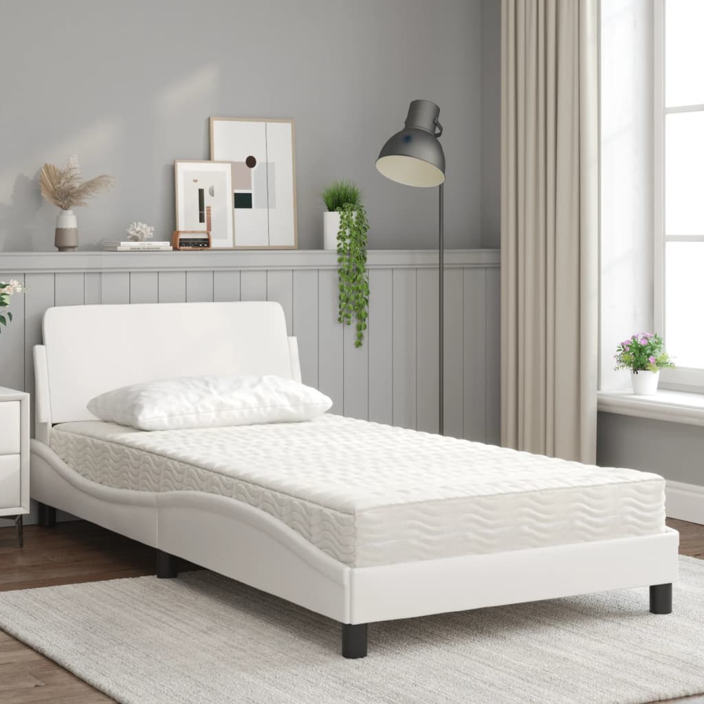 vidaXL Pat cu saltea, alb, 100x200 cm, piele ecologică vidaXL Pat cu saltea, alb, 100x200 cm, piele ecologică