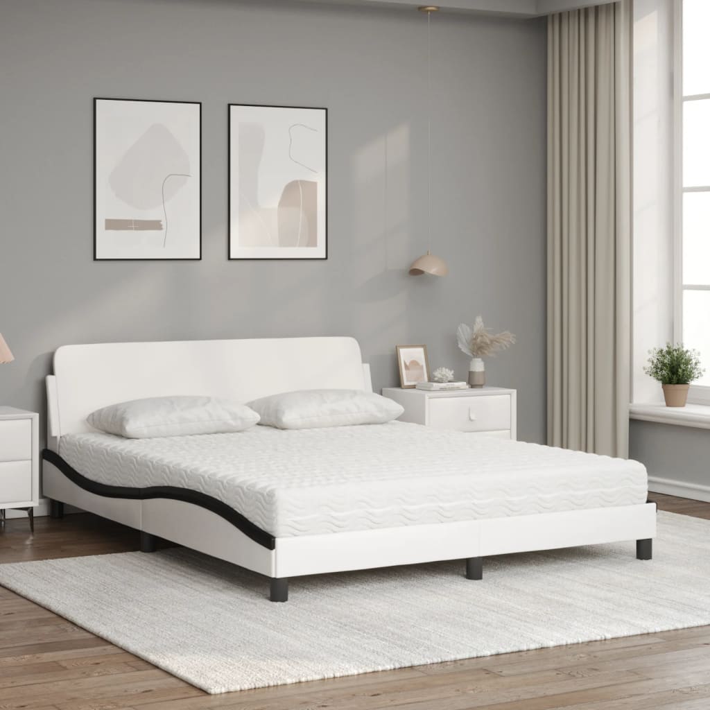 vidaXL Pat cu saltea, alb și negru, 160x200 cm, piele ecologică vidaXL Pat cu saltea, alb și negru, 160x200 cm, piele ecologică
