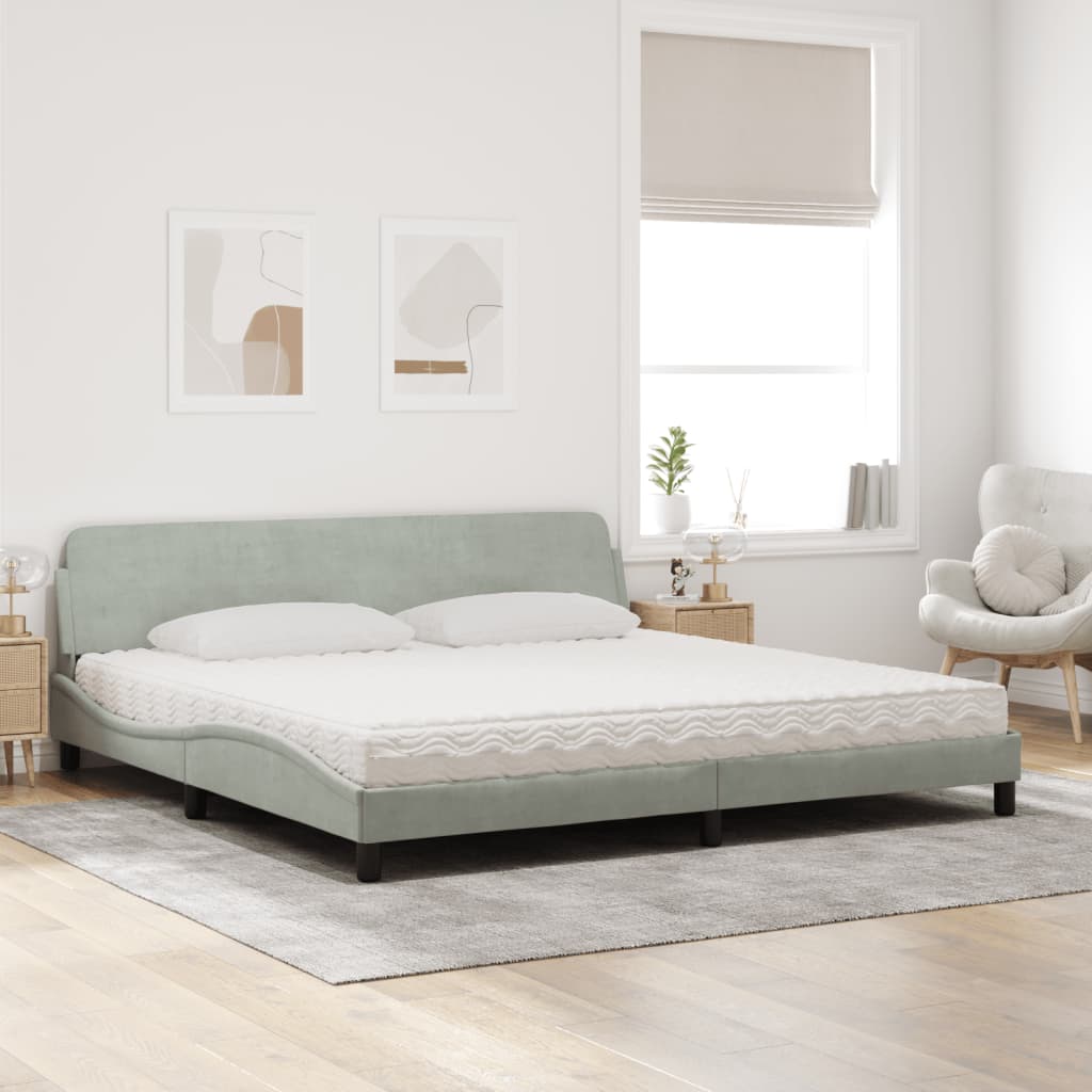 vidaXL Pat cu saltea, gri deschis, 200x200 cm, catifea vidaXL Pat cu saltea, gri deschis, 200x200 cm, catifea