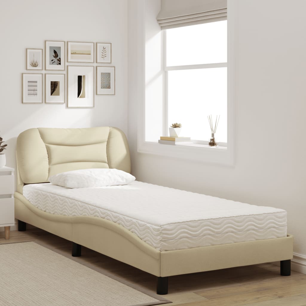 vidaXL Pat cu saltea, crem, 90x190 cm, textil vidaXL Pat cu saltea, crem, 90x190 cm, textil