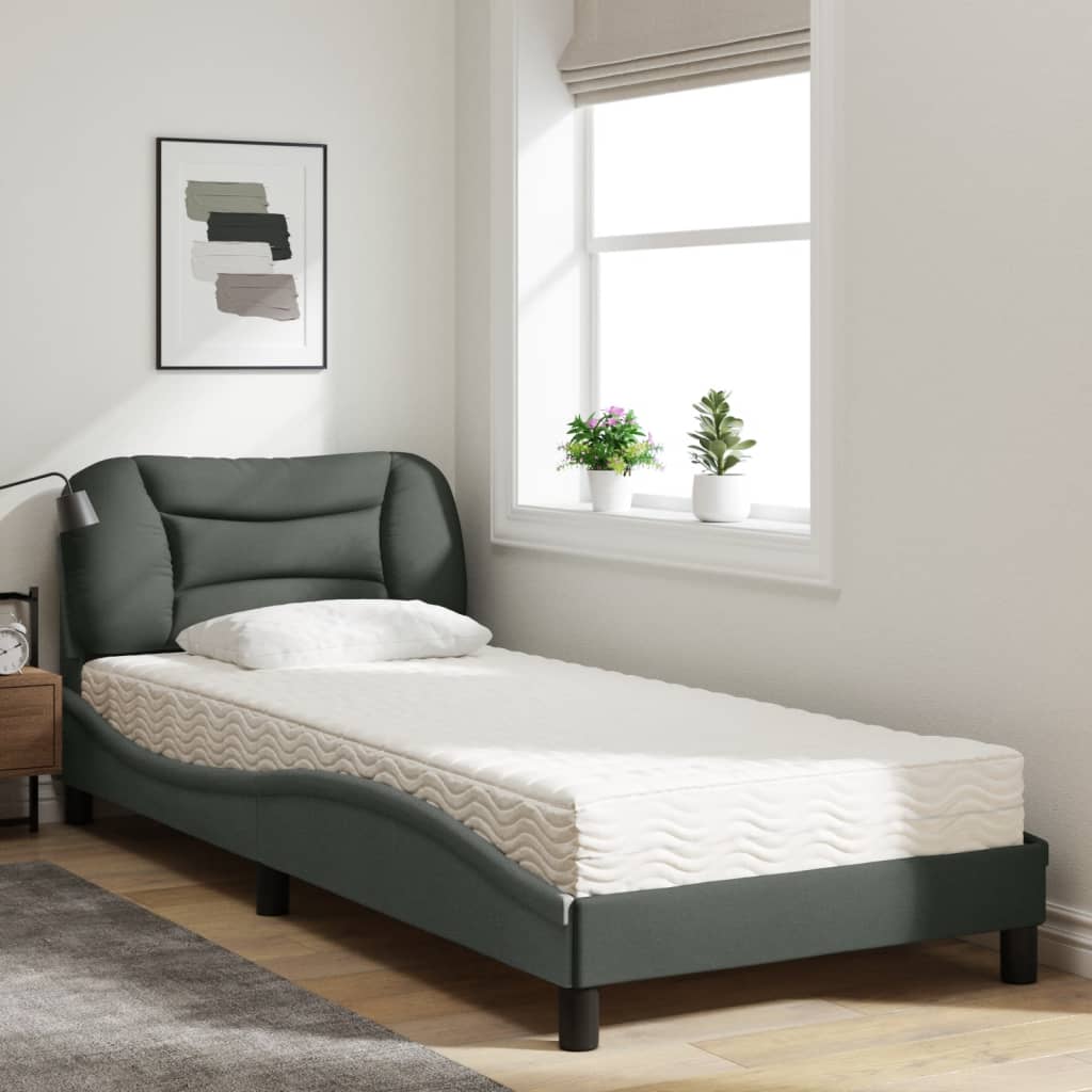 vidaXL Pat cu saltea, gri închis, 90x200 cm, textil