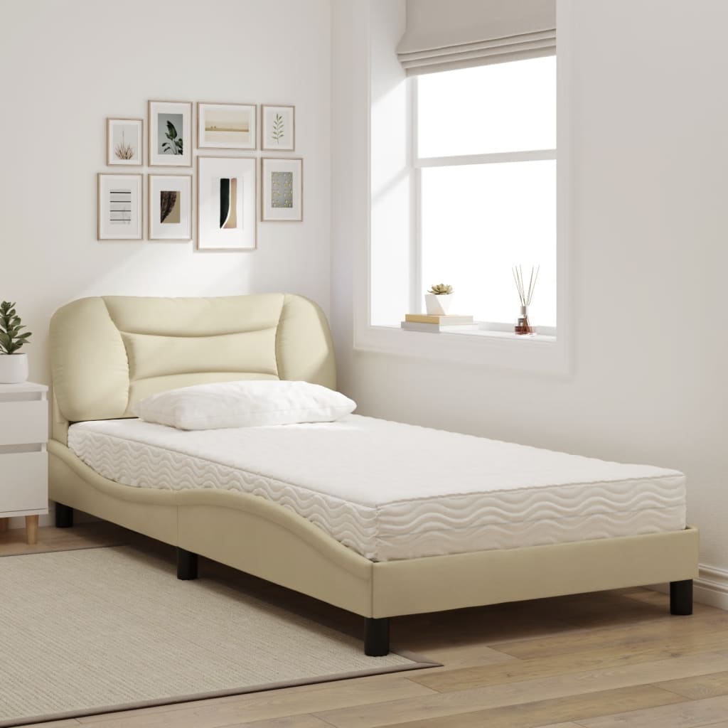 vidaXL Pat cu saltea, crem, 100x200 cm, textil vidaXL Pat cu saltea, crem, 100x200 cm, textil