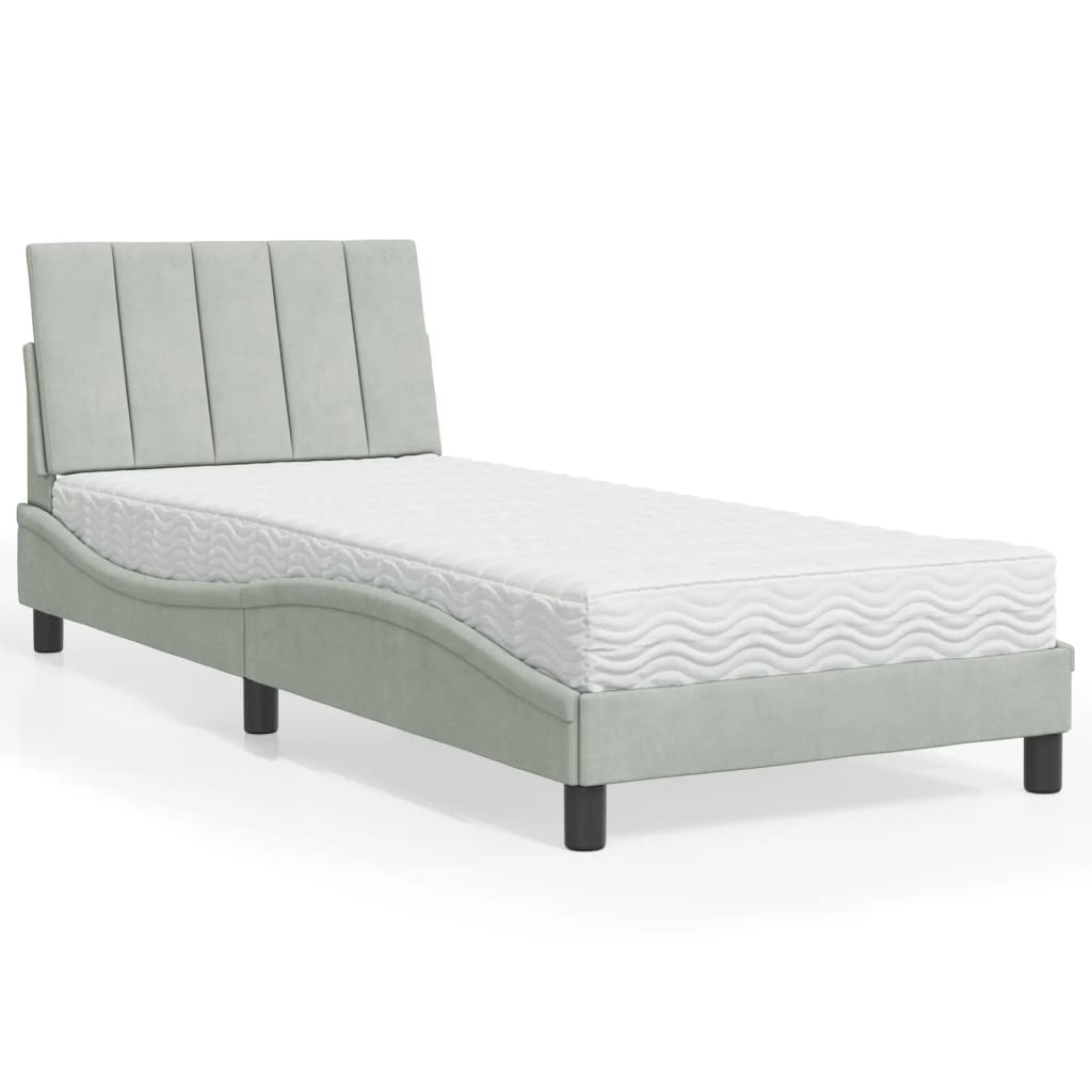 vidaXL Pat cu saltea, gri deschis, 90x190 cm, catifea vidaXL Pat cu saltea, gri deschis, 90x190 cm, catifea