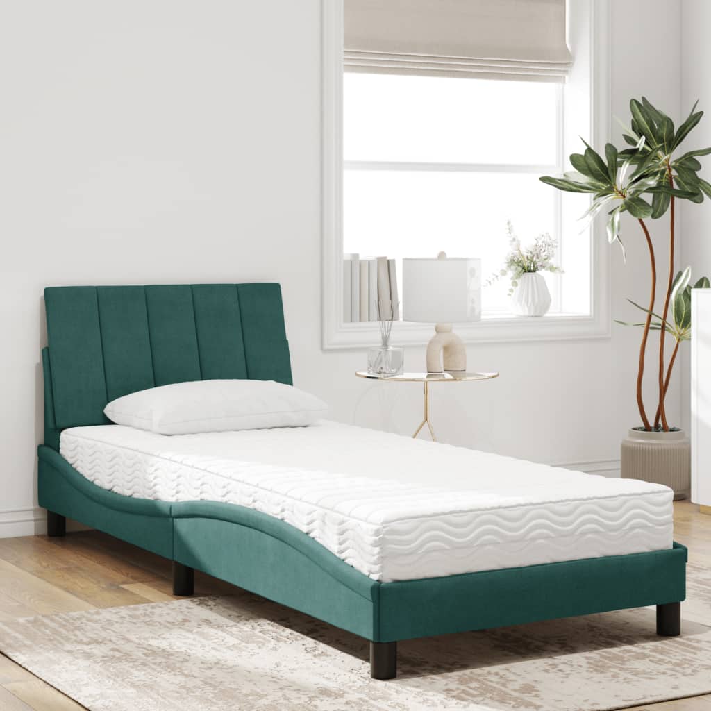 vidaXL Pat cu saltea, verde închis, 90x190 cm, catifea