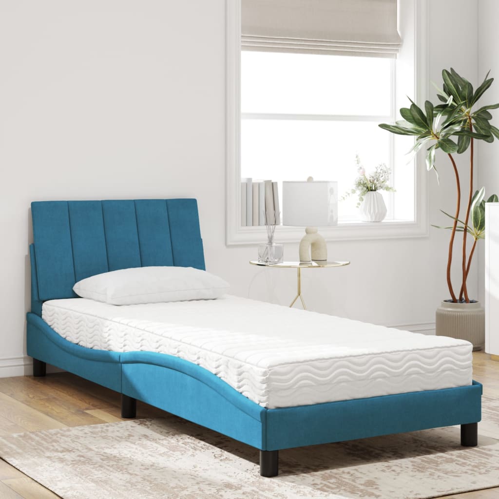 vidaXL Pat cu saltea, albastru, 90x190 cm, catifea