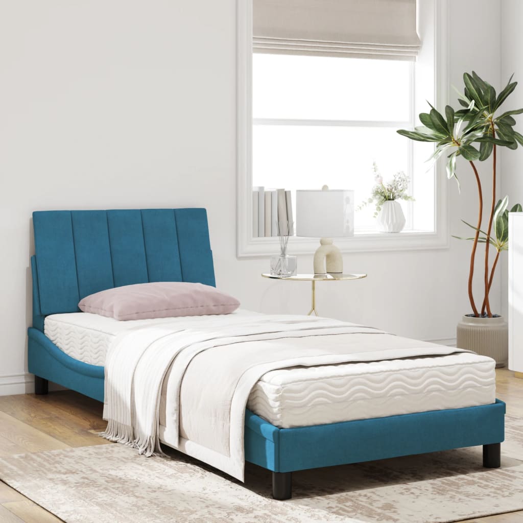 vidaXL Pat cu saltea, albastru, 90x200 cm, catifea vidaXL Pat cu saltea, albastru, 90x200 cm, catifea