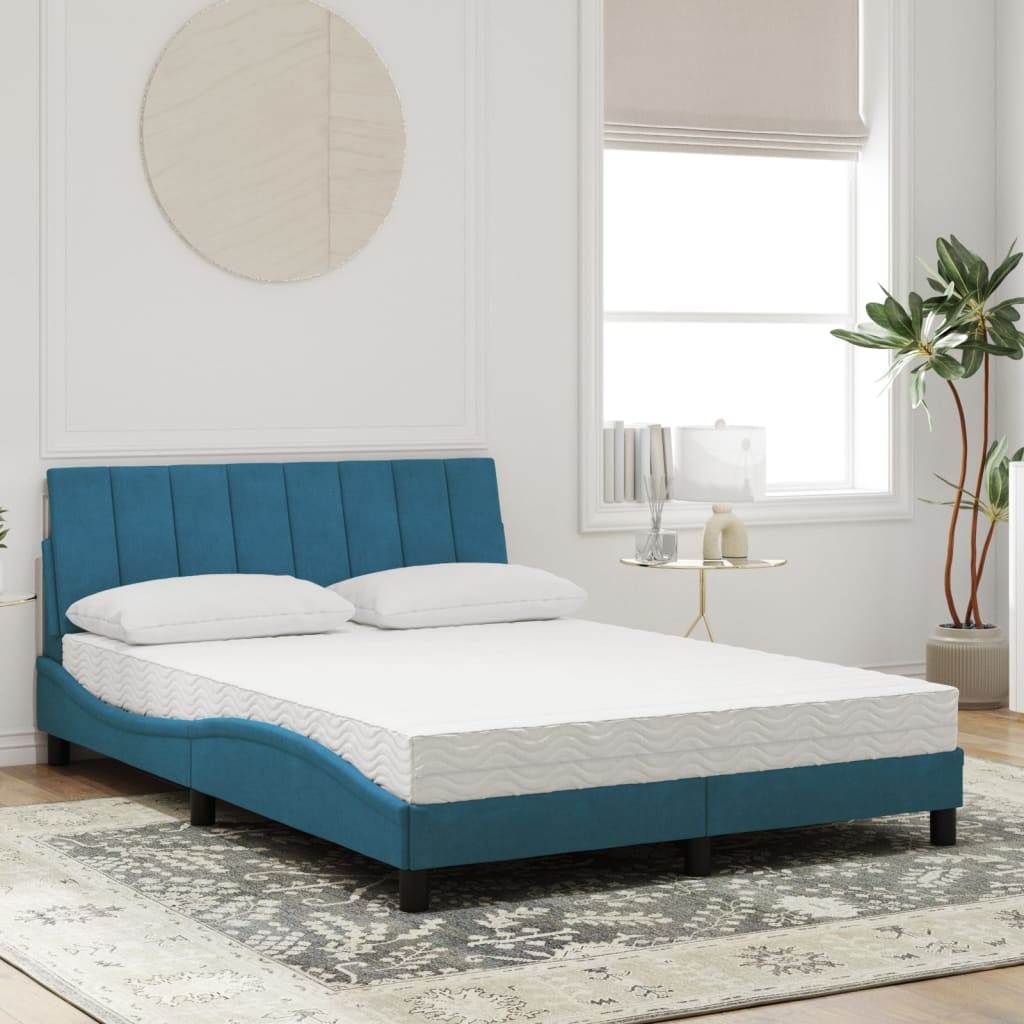 vidaXL Pat cu saltea, albastru, 140x190 cm, catifea