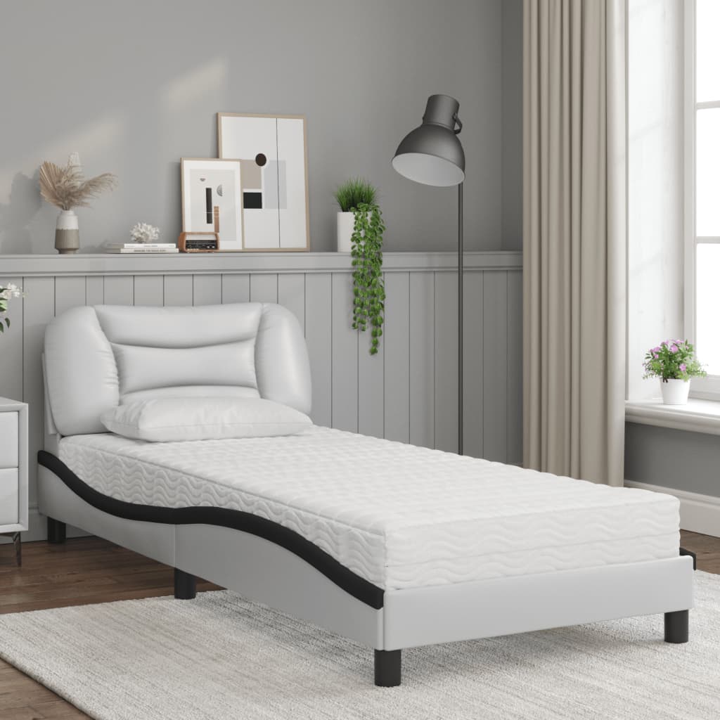 vidaXL Pat cu saltea, alb și negru, 90x190 cm, piele ecologică