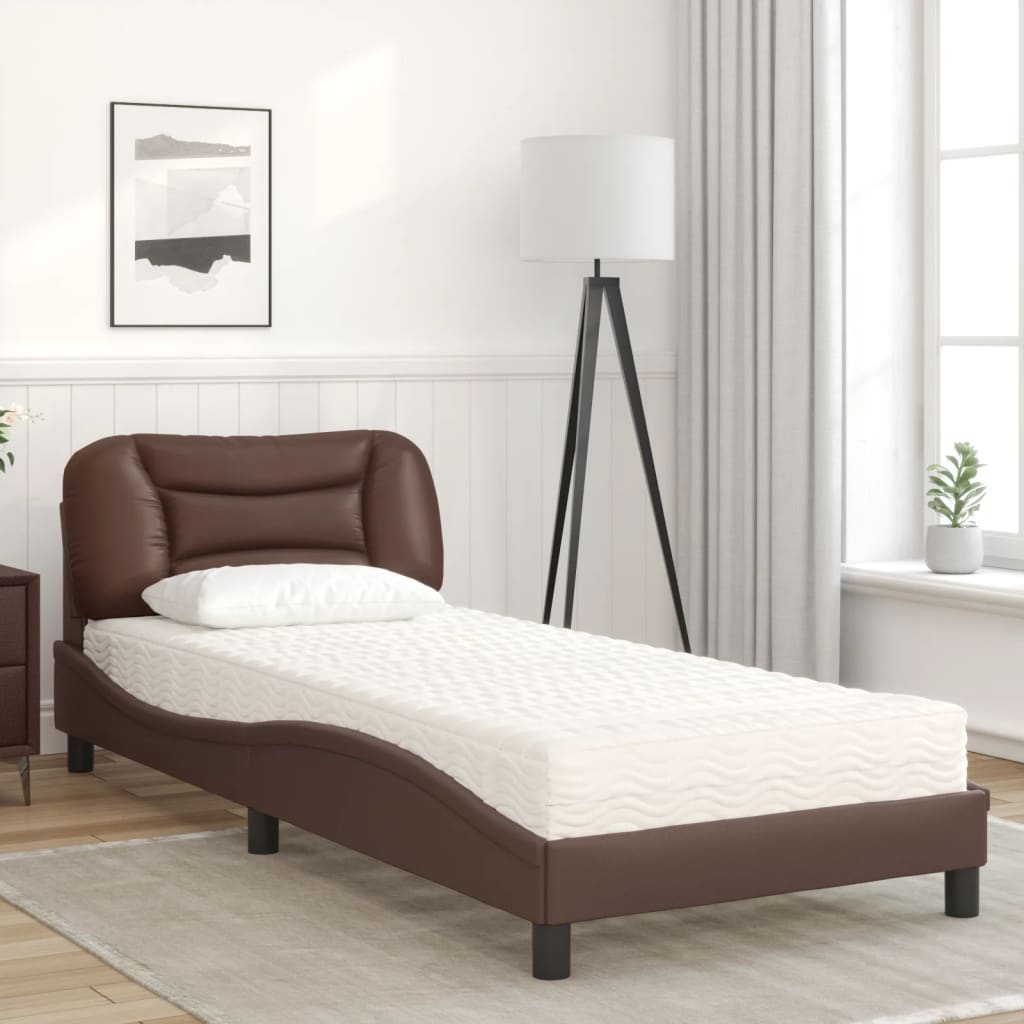 vidaXL Pat cu saltea, maro, 90x200 cm, piele ecologică