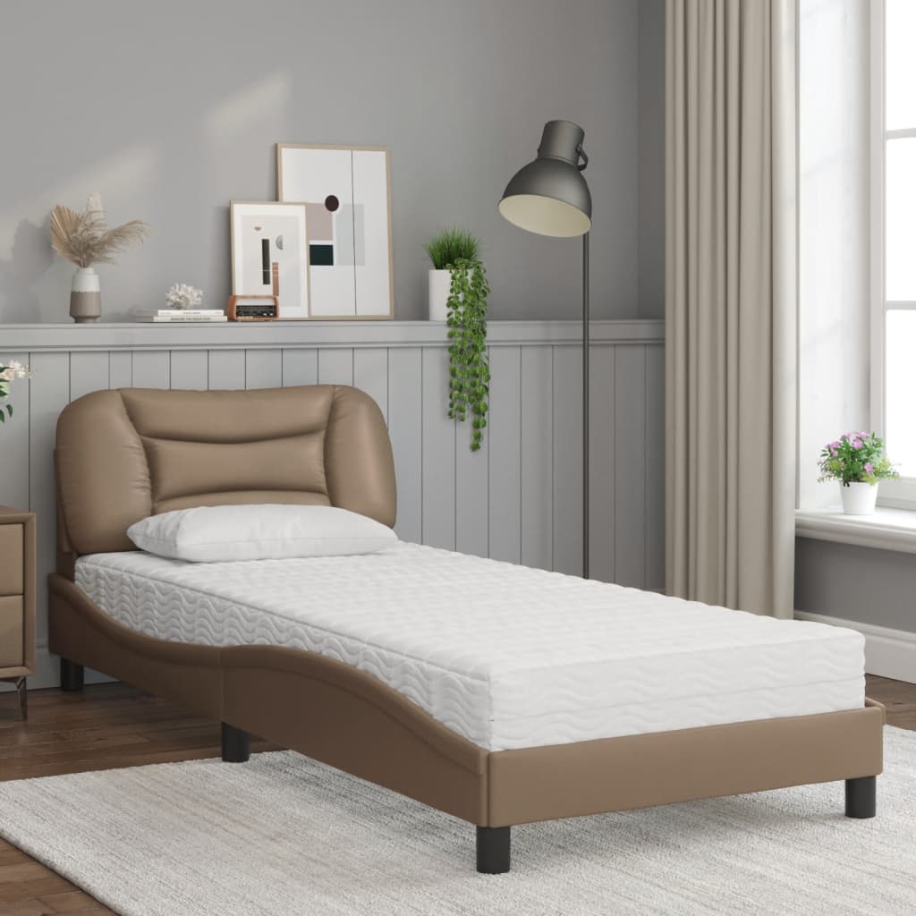 vidaXL Pat cu saltea, cappuccino, 90x200 cm piele ecologică vidaXL Pat cu saltea, cappuccino, 90x200 cm piele ecologică