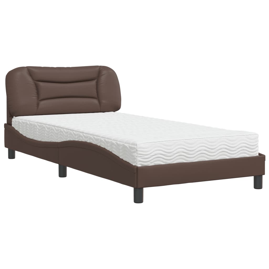 vidaXL Pat cu saltea, maro, 100x200 cm, piele ecologică vidaXL Pat cu saltea, maro, 100x200 cm, piele ecologică